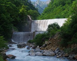 Preview wallpaper waterfall, cascade, water, mountains, landscape, nature