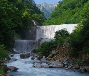 Preview wallpaper waterfall, cascade, water, mountains, landscape, nature