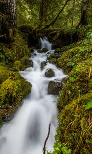 Preview wallpaper waterfall, cascade, water, stones, long exposure