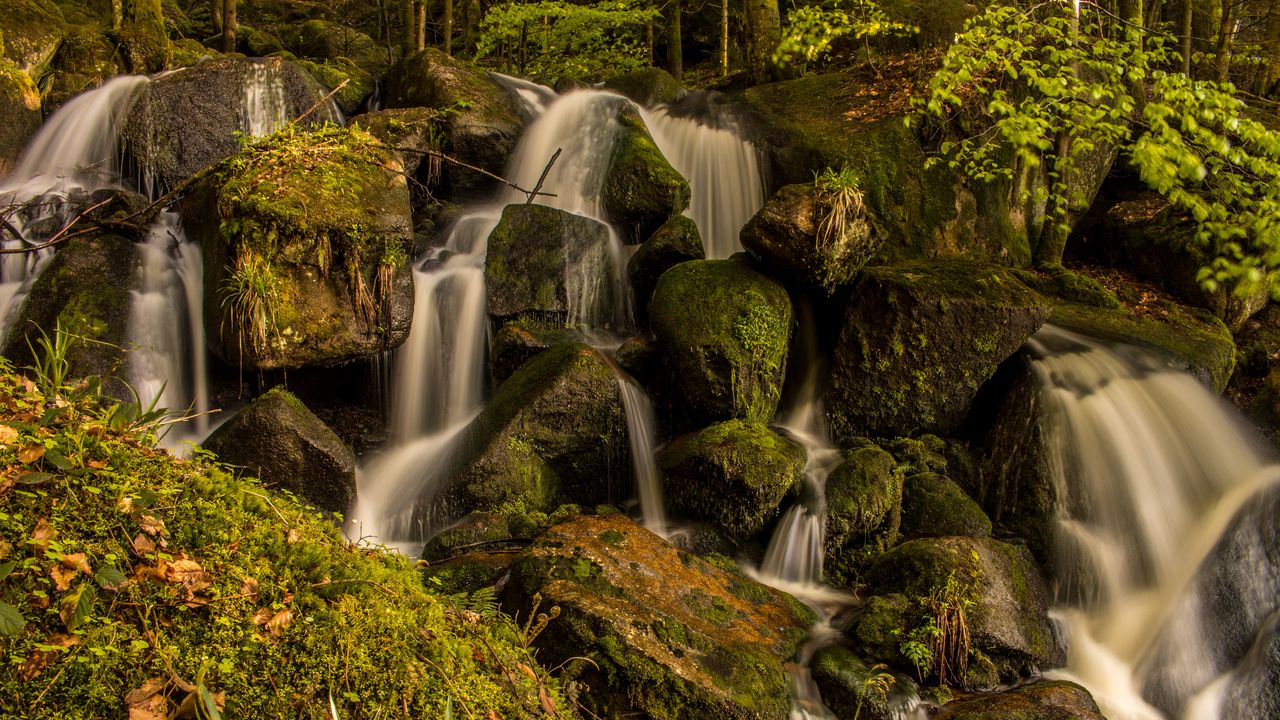 Wallpaper waterfall, cascades, stones, grass, nature