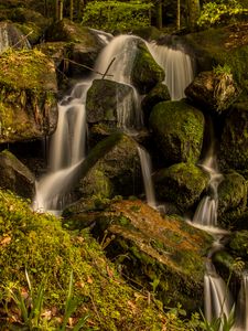 Preview wallpaper waterfall, cascades, stones, grass, nature