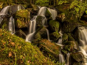 Preview wallpaper waterfall, cascades, stones, grass, nature