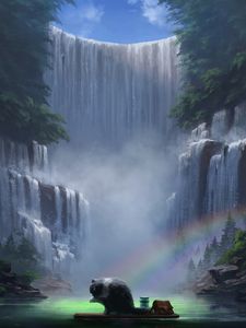 Preview wallpaper waterfall, cat, rainbow, travel, wash