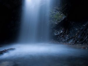 Preview wallpaper waterfall, cave, rocks, water, spray
