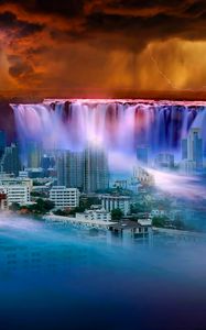 Preview wallpaper waterfall, city, fantasy, surrealism