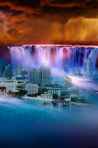 Preview wallpaper waterfall, city, fantasy, surrealism