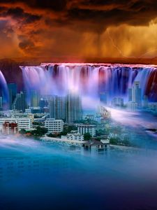 Preview wallpaper waterfall, city, fantasy, surrealism