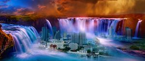 Preview wallpaper waterfall, city, fantasy, surrealism