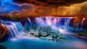 Preview wallpaper waterfall, city, fantasy, surrealism