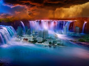 Preview wallpaper waterfall, city, fantasy, surrealism