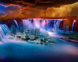 Preview wallpaper waterfall, city, fantasy, surrealism