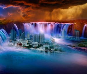 Preview wallpaper waterfall, city, fantasy, surrealism