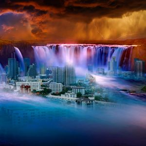 Preview wallpaper waterfall, city, fantasy, surrealism