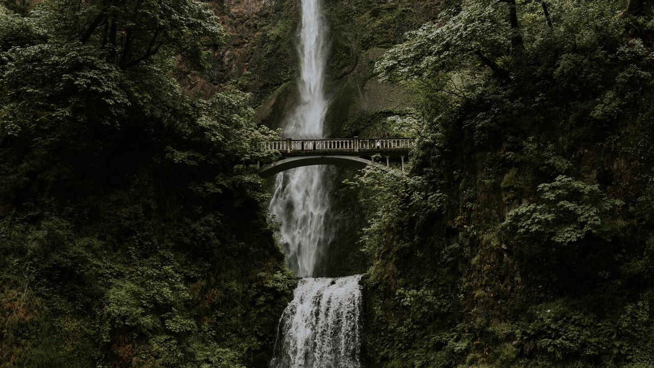 Wallpaper waterfall, cliff, bridge, trees, water