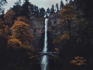 Preview wallpaper waterfall, cliff, bridge, trees, water