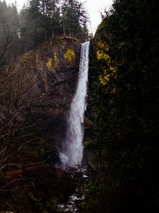 Preview wallpaper waterfall, cliff, flow, trees, moss, grass