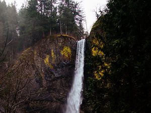 Preview wallpaper waterfall, cliff, flow, trees, moss, grass