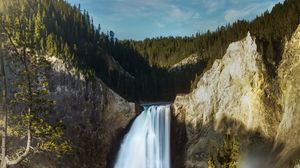 Preview wallpaper waterfall, cliff, forest, rock, water