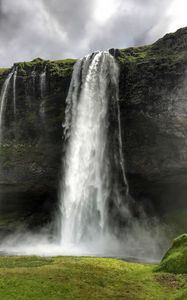 Preview wallpaper waterfall, cliff, grass, nature