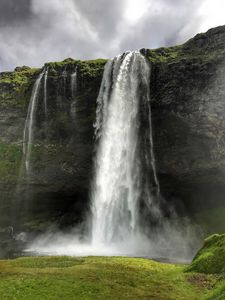 Preview wallpaper waterfall, cliff, grass, nature