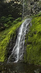 Preview wallpaper waterfall, cliff, moss, water, stones