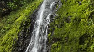 Preview wallpaper waterfall, cliff, moss, water, stones
