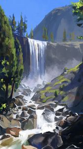 Preview wallpaper waterfall, cliff, paint, canvas, art