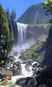 Preview wallpaper waterfall, cliff, paint, canvas, art