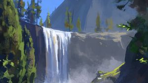 Preview wallpaper waterfall, cliff, paint, canvas, art