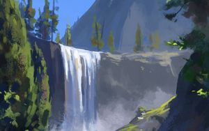 Preview wallpaper waterfall, cliff, paint, canvas, art