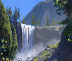 Preview wallpaper waterfall, cliff, paint, canvas, art