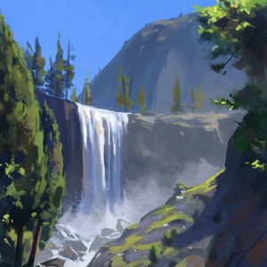 Preview wallpaper waterfall, cliff, paint, canvas, art
