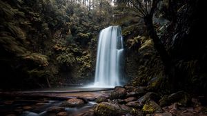 Preview wallpaper waterfall, cliff, plants, stones