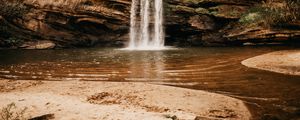 Preview wallpaper waterfall, cliff, river, stones, shore