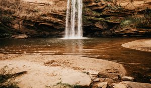 Preview wallpaper waterfall, cliff, river, stones, shore