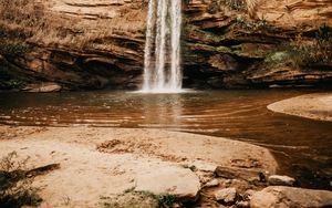 Preview wallpaper waterfall, cliff, river, stones, shore