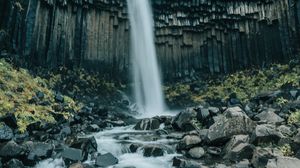 Preview wallpaper waterfall, cliff, river, water, stones
