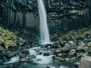 Preview wallpaper waterfall, cliff, river, water, stones