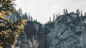 Preview wallpaper waterfall, cliff, rock, trees, landscape