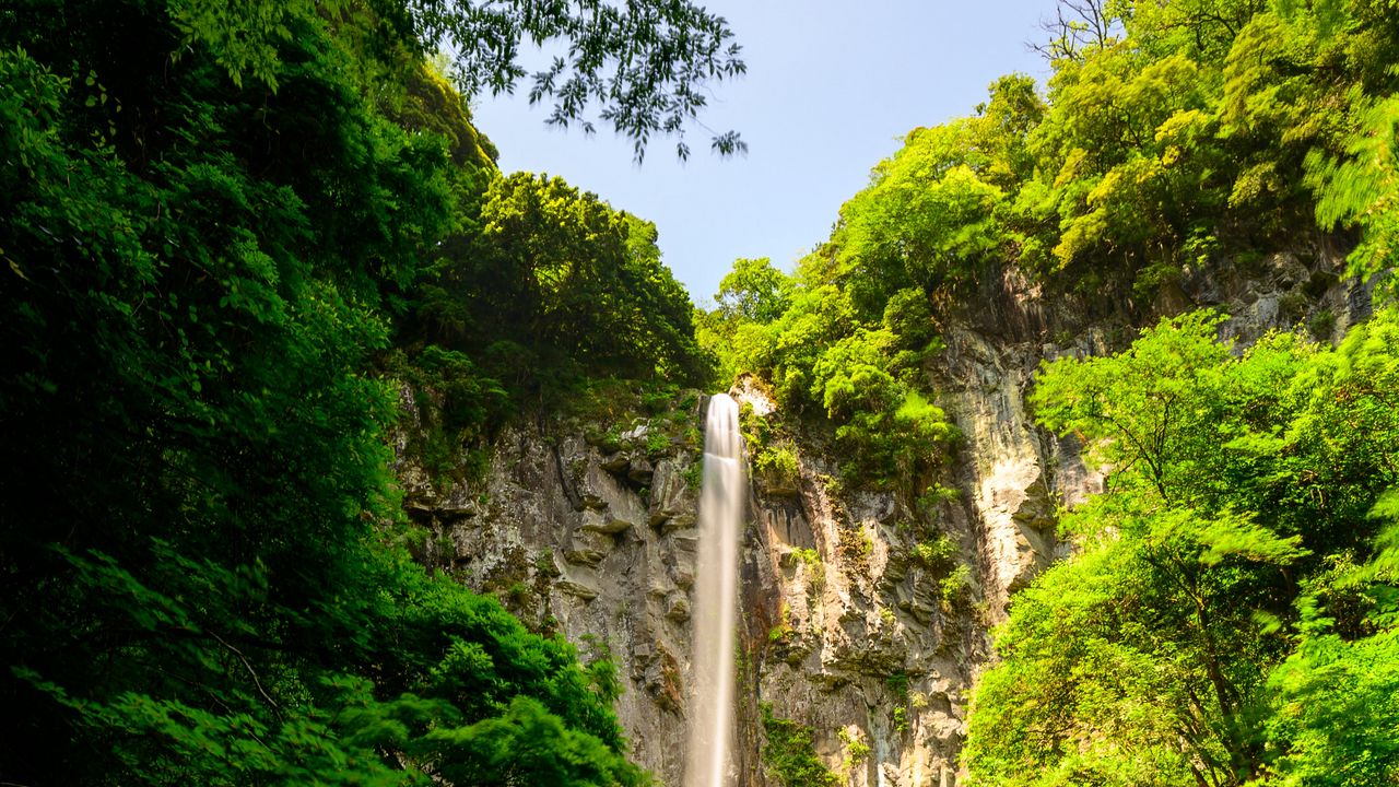 Wallpaper waterfall, cliff, rock, plants