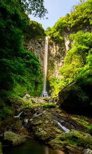 Preview wallpaper waterfall, cliff, rock, plants