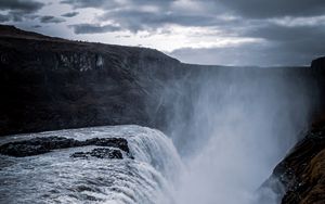 Preview wallpaper waterfall, cliff, rock, water, spray