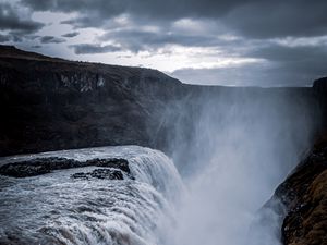 Preview wallpaper waterfall, cliff, rock, water, spray