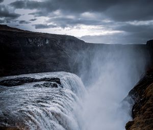 Preview wallpaper waterfall, cliff, rock, water, spray