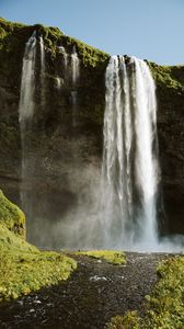 Preview wallpaper waterfall, cliff, rock, water, nature
