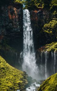 Preview wallpaper waterfall, cliff, rocks, stones, moss