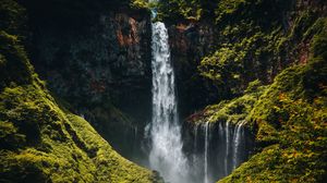 Preview wallpaper waterfall, cliff, rocks, stones, moss