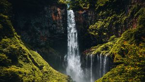 Preview wallpaper waterfall, cliff, rocks, stones, moss