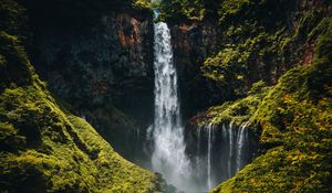 Preview wallpaper waterfall, cliff, rocks, stones, moss