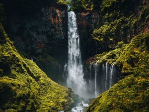 Preview wallpaper waterfall, cliff, rocks, stones, moss
